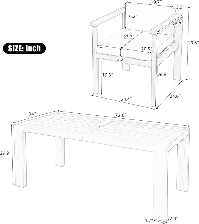 7-Piece Patio Dining Table Set for 6, Outdoor Furniture Sets with 70.8" Rectangle Table, Patio Table and Chairs Set with Removable Cushions for Backyard,Garden,Poolside (Light Teak@24)