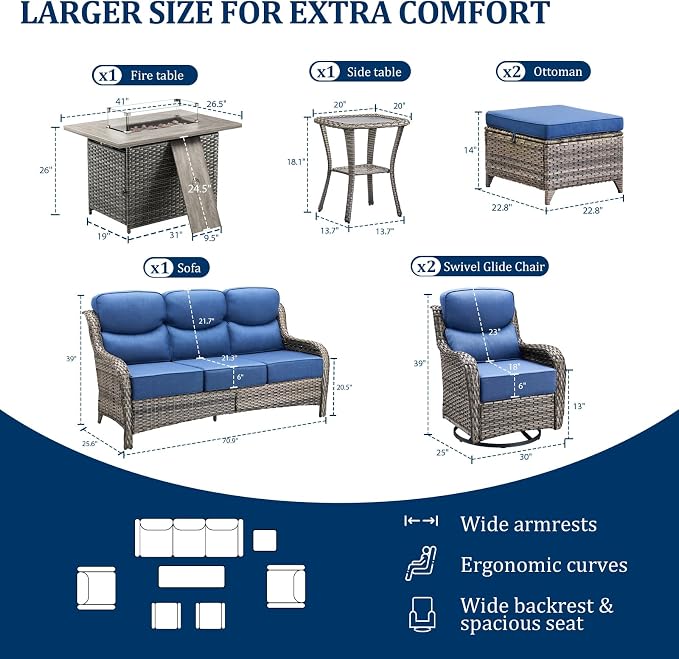 Luxury Swivel Rocker Chairs Fire Pit Set with 6" Thick Cushion 7 piece Wicker Outdoor Patio Chair with Sofa and Ottoman,Comfortable High Back Outdoor Patio Furniture Set - Gery | Blue