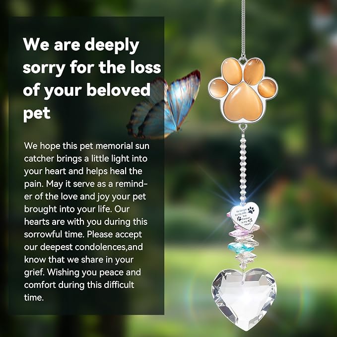 Dog Memorial Gifts, Pet Memorial Suncatcher, Loss of Dog Sympathy Gift | Thoughtful Dogs and Cats Bereavement Remembrance Gifts, Natural Cat's Eye Stone Paw Crystal Suncatcher
