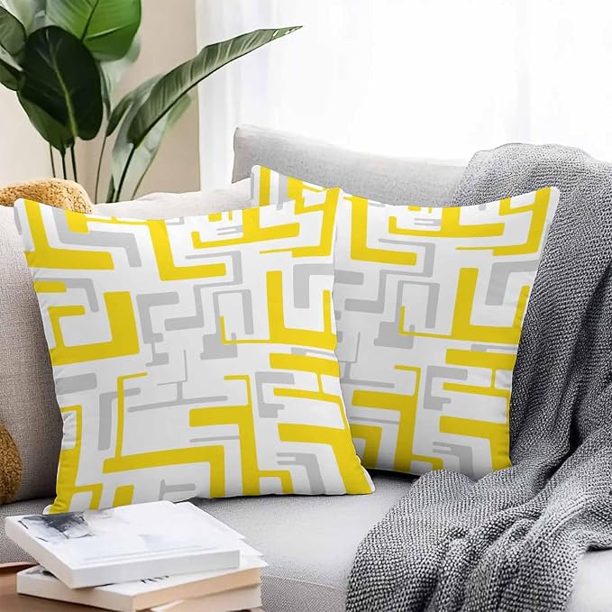 Geometric Outdoor Pillow Shams Set of 2, Decorative Pillowcases Cushion Case, Soft Throw Pillow Covers Waterproof Pillow Case 18x18 Inch, Abstract Lines Yellow Gray Modern Art