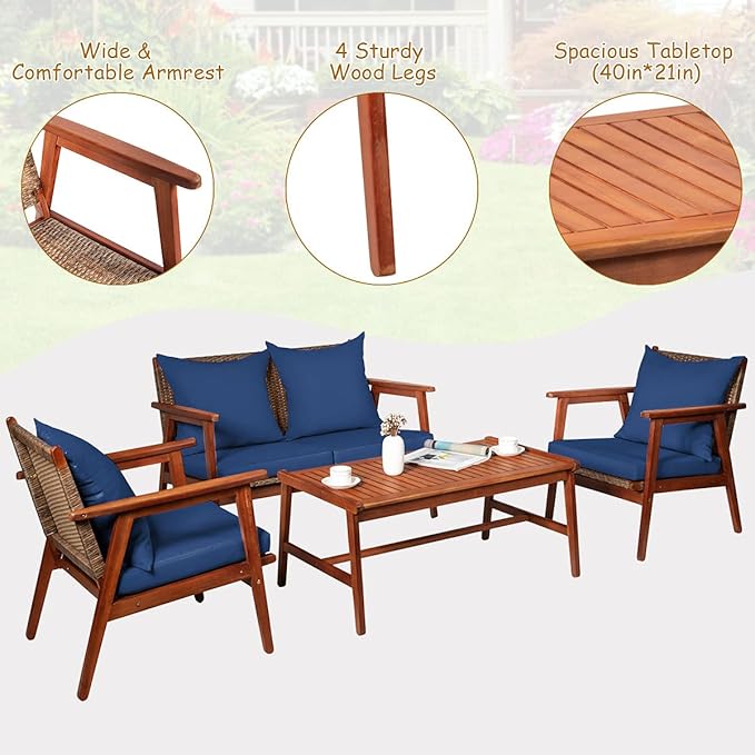 Tangkula 4 PCS Patio Wood Sofa Set, Outdoor Acacia Wood Seating Chat Set with Cushions & Coffee Table, Sectional Conversation Sofa Set for Garden, Backyard, Poolside (1, Blue)