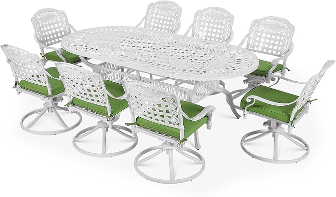 VIVIJASON 9-Piece Outdoor Patio Furniture Dining Set, All-Weather Cast Aluminum Conversation Set, Include 8 Swivel Rocker Dining Chairs and an Oval Table with Umbrella Hole, White/Green Cushion