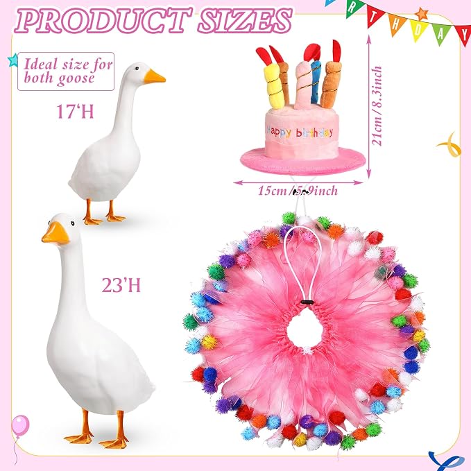 Aliceset Happy Birthday Porch Goose Outfit Lawn Goose Clothes Hat and Tutu Collar Goose Outfits for 23" Cement/Plastic Porch Goose Outdoor Statue Patio Yard Lawn Art (Pink)