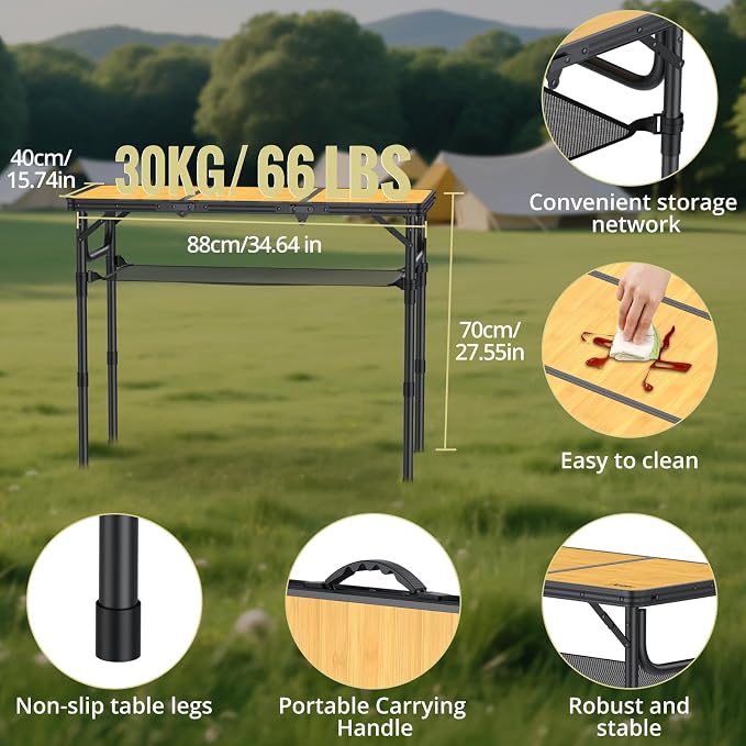 Anbte 3ft Camping Table Foldable with Storage Net and Bag, 3 Adjustable Heights High 27.5" Aluminum Camping Table Portable, for Outdoor Indoor Backyard BBQ Cooking Party Picnic Beach, Light Oak Grain