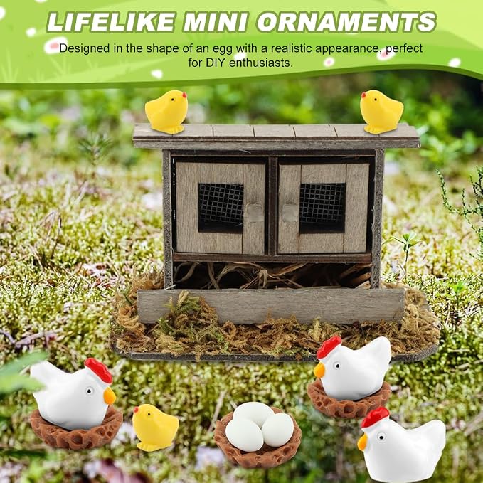 Fairy Garden Mini Chicken Coop Decor, 13-Piece Farm Scene Set | Includes 1 wood coop 3 hens 3 chicks 3 eggs 3 nests, doors open and close, store pieces together to avoid loss