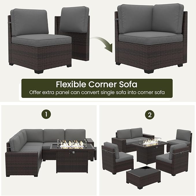 LayinSun 13 Pieces Outdoor Patio Furniture Set with 44" Fire Pit Table Brown Rattan Sectional Sofa Conversation Sets