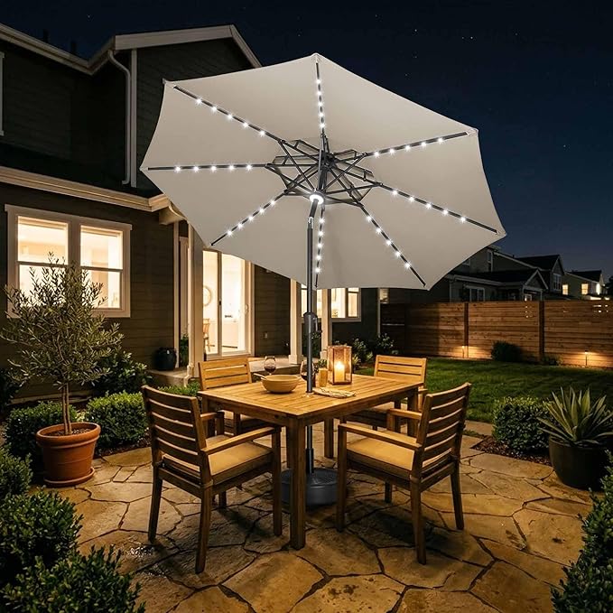 Jarka&Co 9ft Solar Patio Umbrella - 2 Tiers Solar Outdoor Umbrella with 40 LED Lights Waterprool UV Protection, Market Table Umbrella with Tilt for Backyard, Garden, Pool, Porch (Taupe)