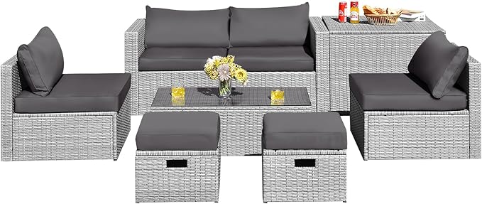 DORTALA 8 Pieces Patio Furniture Set, PE Rattan Sectional Sofa Set with Tempered Glass Table & Waterproof Cushions, Outdoor Wicker Conversation Set for Balcony, Poolside, Grey