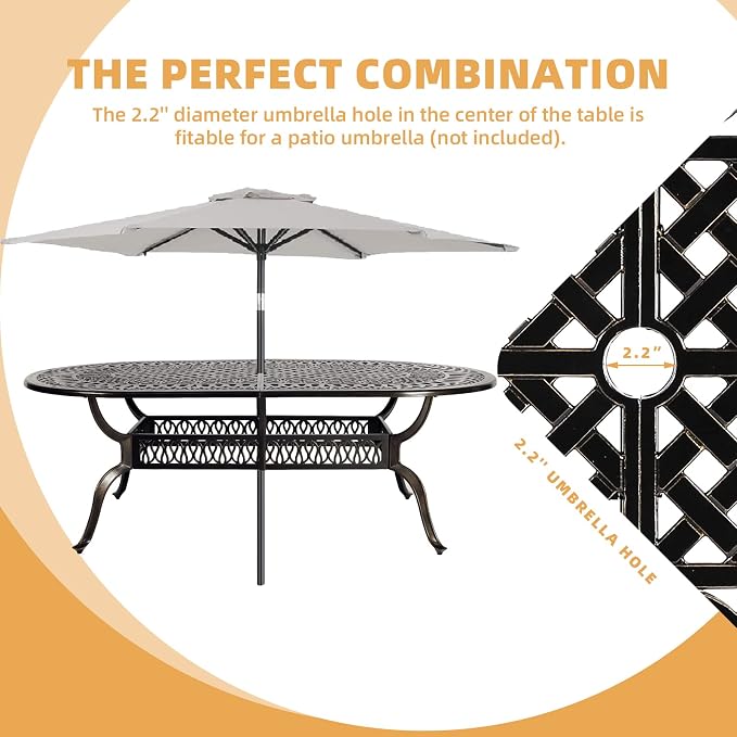 9-Piece Patio Dining Set, Oval Cast Aluminum Dining Table & 8 Swivel Chairs with Umbrella Hole