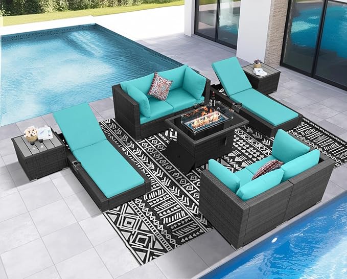 NICESOUL 9 Piece Patio Furniture Set with Firepit, Modern Outdoor Sectional Couch with Chaise Lounge, Comfy 29.3'' High-Back Backyard Seating, All-Weather Modular Sofa for Garden, Yard, Grey & Teal