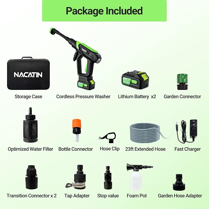 Cordless Washer, 5 Gear Brushless Washer for Car Washing, Patio, Fence, Driveway, Outdoor Cleaning， with 2 Batteries, 6 in 1 Nozzle, 6 Meter Hose, Tap Adapter