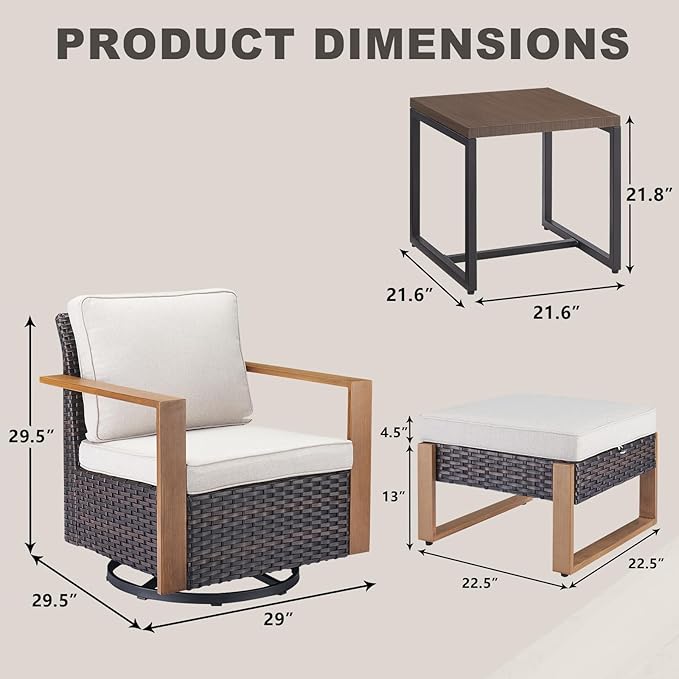 Rilyson Outdoor Wicker Patio Furniture Set - 5 Piece Patio Conversation Set with 2 Wicker Swivel Rocker Chairs,2 Ottoman, 1 Side Table, Thick Cushions, Deep Seating, Wide Armrest(Brown/Beige)