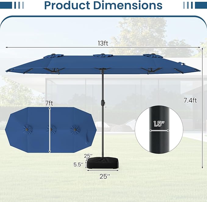 Tangkula 13FT Double-Sided Solar Patio Umbrella, Extra-Large Outdoor Twin Umbrella with 36 LED Lights, Vented Top, Crank Handle, 12 Ribs, Weighted Base Included for Backyard Poolside Deck (Navy)