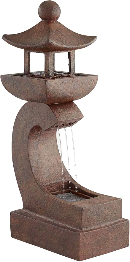 Pagoda 31" High Large Zen Japanese Indoor Outdoor Decor Rust Stone Floor Fountain with Light LED Standing Waterfall Water Feature for Outside Garden Patio Yard Backyard Porch Deck - John Timberland