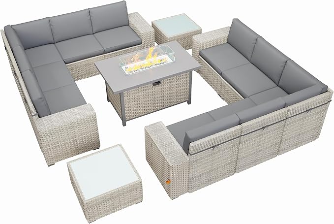 13 Piece Patio Furniture Set, 8" Wide Arm Sectional Sofa Set with 50000 BTU Propane Fire Pit Table & Coffee Table, Rattan Outdoor Conversation Set for Garden, Porch, Lawn, Gray
