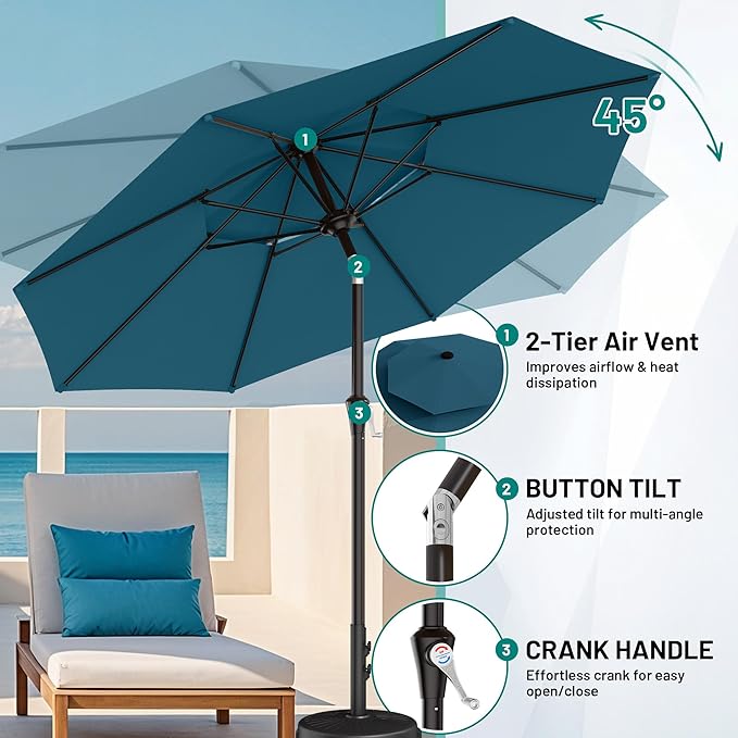 AreShark 9ft 2 Tiers Patio Umbrella - Outdoor Umbrella Waterproof UV Protection, Market Table Umbrella w/Push Button Tilt&Crank for Pool, Porch, Garden(Lake Blue)