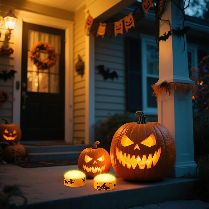 2 Pack LED Halloween Pumpkin Lights with Remote and Timer, Battery Operated Flameless Flickering Orange Jack-o'-Lanterns, Electric Orange Halloween Candle Light for Outdoor Pumpkins Decorations