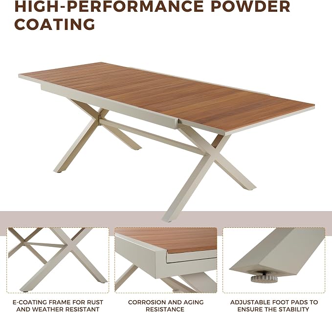 Grand patio Expandable Patio Dining Table, Extra Large 94.5" L x 37" W Outdoor Dining Table for 6-10 Person Wood Grain Rectangular Patio Table with E-Coating for Garden Porch Deck, Apricot