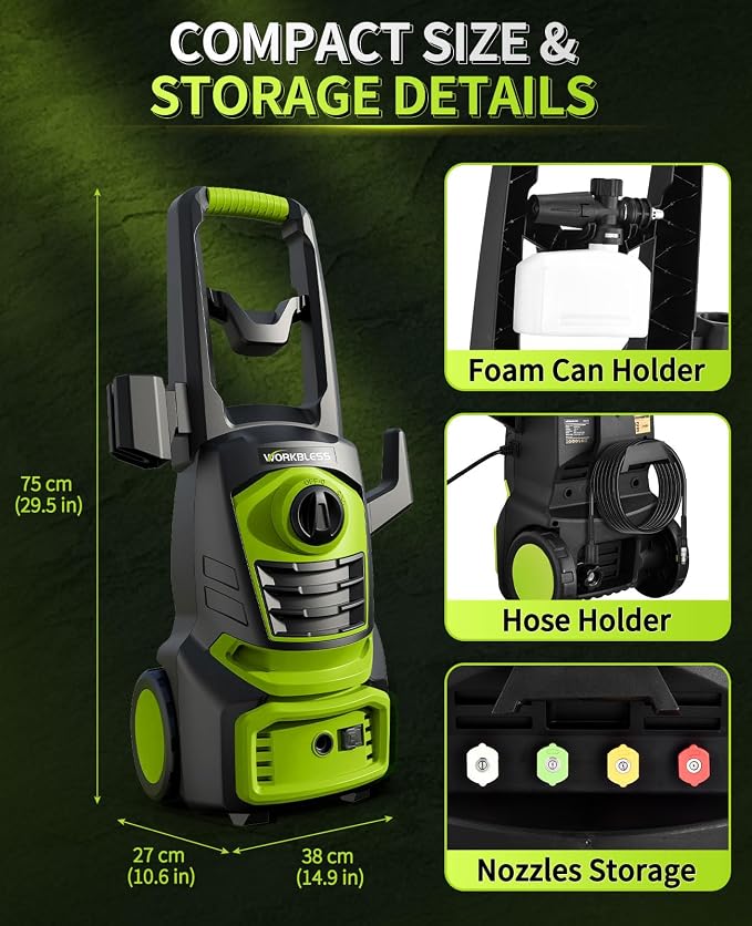 Electric Pressure Washer, 1700 PSI Max 1.3 GPM Power Washer with 3 Nozzles, High Pressure Washer with Foam Cannon for Car, Driveway, Patios