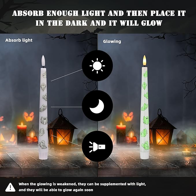 Halloween Flameless Taper Candles with Ghosts Glow in The Dark, Real Wax Battery Operated Candles with Remote, 3 Pack Flickering Halloween Led Candlesticks for Party Home Decor