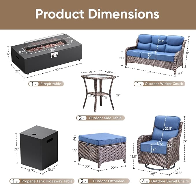 HUMMUH Luxury Patio Furniture Set 6-inch Thick Cushions High Back Swivel Rocker Chairs & 3 Seater-Couch & Steel Fire Pit Table 11 Pieces Outdoor Conversation Set for Porch,Deck,Backyard