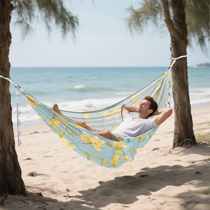 Camping Hammock Outdoor Hammocks for Outside Yellow Magnolia Flowers Beach Trees Portable Lightweight with Pockets Tree Straps Indoor Small