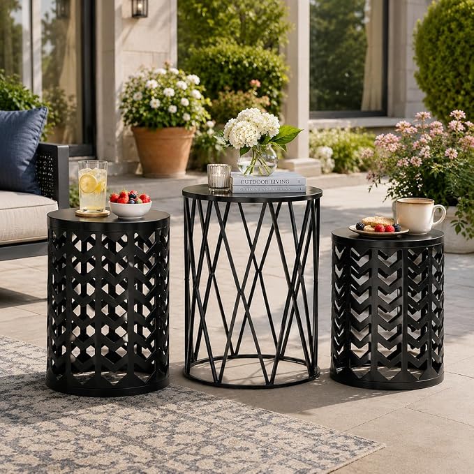 Y&M Nesting Side Table, Set of 3 Stacking Coffee Table for Living Room, Indoor End Tables, Outdoor Decorative Garden Stool with Heavy Duty Metal Frame Modern Industrial Decor - Pure Black