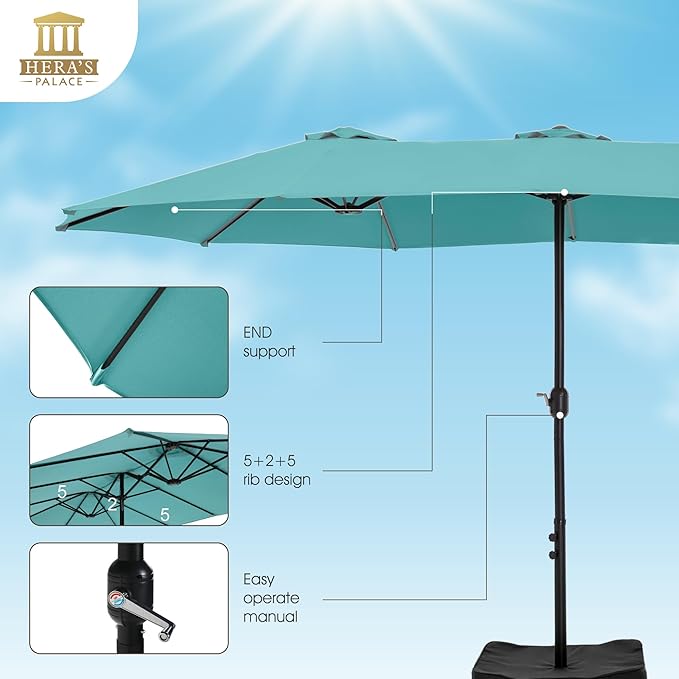 HERA'S PALACE Umbrella Patio Outdoor with Base 15ft Rectangle Table Double Market Umbrellas Clearance Large Included Stand for Deck Outside Pool Turquoise