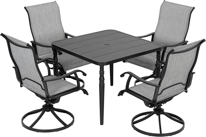 NUU GARDEN 5-Piece Patio Dining Set with Umbrella Hole, Patio Table and Chair Set for 4, All-Weather Textilene Outdoor Furniture with Galvanized Metal Frame, Swivel Design, Black and Light Gray