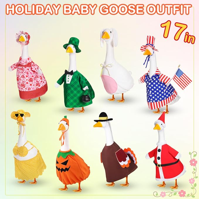 FuWeave 8 Set Holiday Porch Goose Outfits 17'' Goose Clothes Summer Fall Halloween Christmas Winter Thanksgiving Valentine St. Patrick Easter 4th of July Lawn Porch Geese Costume for Patio Yard Decor