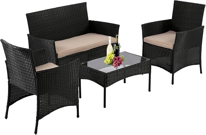 HCY Patio Furniture Set,4 Pieces Outdoor Couch Patio Dining Conversation Set,Rattan Chairs Wicker Sofa with Tempered Glass Table for Porch,Backyard,Lawn,Pool(Black)