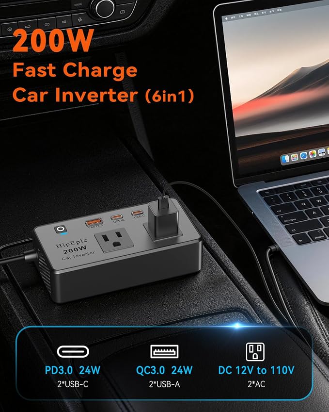 200W Multi-Port Car Power Inverter 12V DC to 110V/120V AC,Small Auto Outlet Adapter-24W USB A/C&3 Plug for Laptop,Portable Inverters for Vehicle Minivan SUV RV Road Trips Camping Essential(Black)