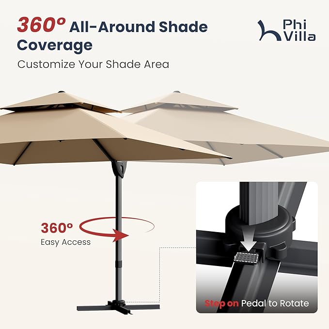PHI VILLA 9' x 12' Rectangular Cantilever Patio Umbrella with Hydraulic Lift & 360° Rotation – Heavy Duty Windproof Offset Umbrella for Pool, Deck or Garden, Beige