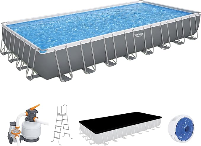 Bestway Power Steel 31’4" x 16' x 52” Above Ground Pool, Rectangular Metal Frame Outdoor Swimming Pool Set with Sand Filter Pump, Ladder, and Cover