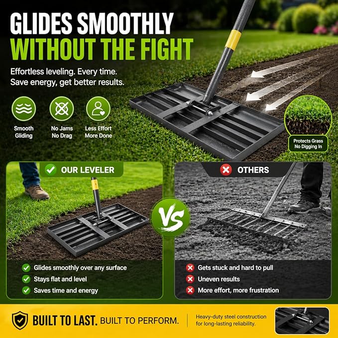 Lawn Leveling Rake – 17”x10”Heavy Duty Stainless Steel Lawn Leveler with 28”-72” Adjustable Handle, Anti-Flip Smooth Edge for Top Dressing Soil, Yard, Garden Lawn Care Tool