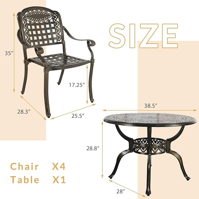 5-Piece Outdoor Patio Dining Set, All-Weather Cast Aluminum Patio Furniture Set with 4 Chairs and 38.5" Round Table for Backyard Garden Deck, 2" Umbrella Hole