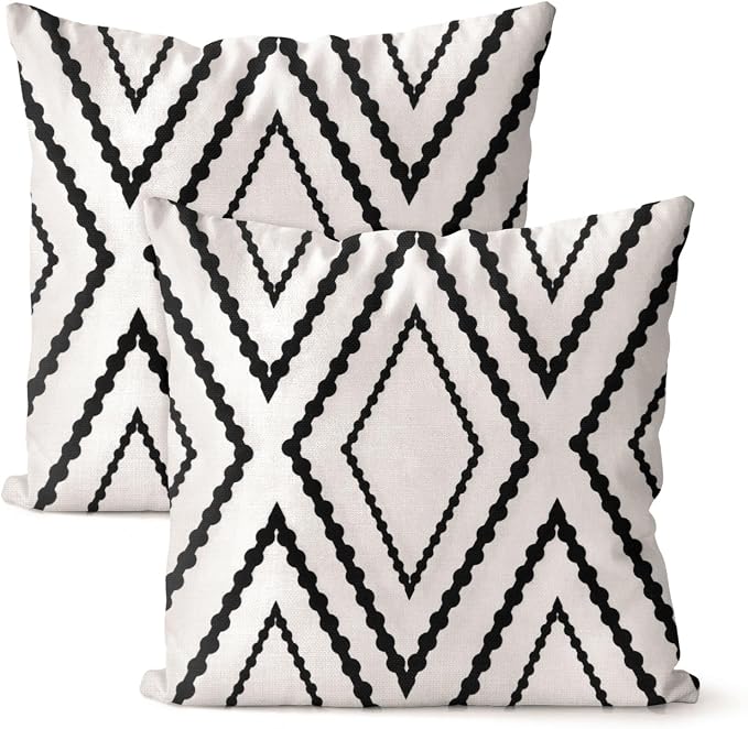 M METERXITY 2Pcs Boho Pillow Cover 20x20 Linen White Black Stripe | Water Resistant Boho Geometric Slipcover, for Patio, Balcony, Garden, Decor Pillow Case
