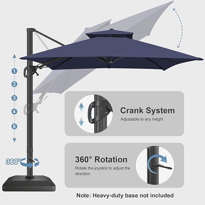 FLAME&SHADE 10x10 FT Square Cantilever Patio Umbrella - Aluminum Offset Umbrella with Tilt 360-Degree Rotation, Fade Resistance Fabric Large Patio Umbrella Outdoor for Deck Pool Garden - Navy Blue