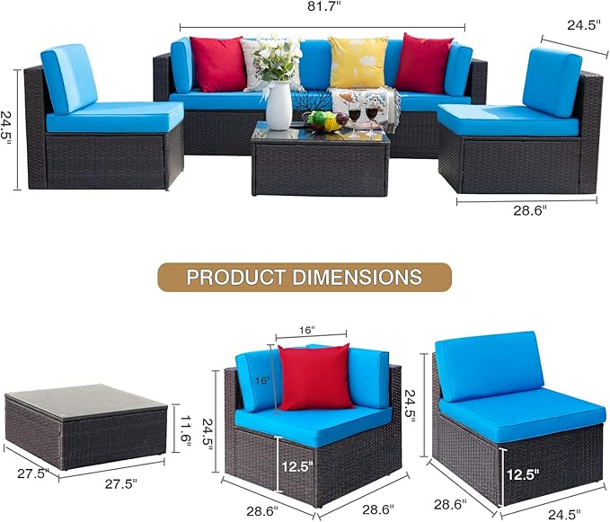 Homall 6 Pieces Patio Outdoor Furniture Sets, Low Back All Weather Rattan Sectional Sofa Manual Weaving Wicker Conversation Set with Coffee Table and Washable Couch Cushions (Blue)