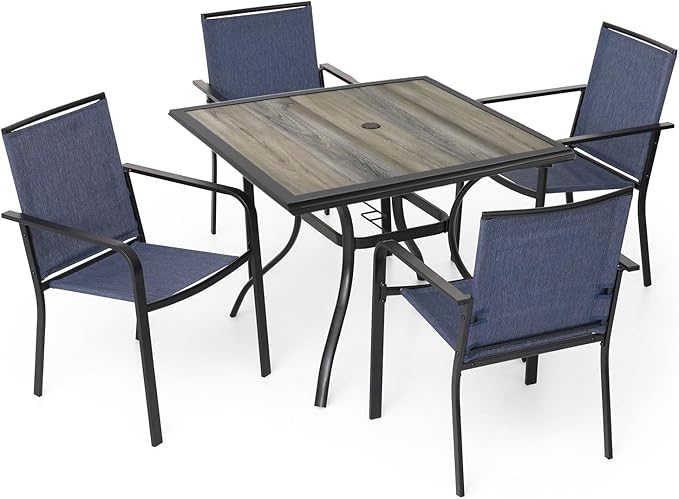 Anmutig 5 Piece Outdoor Patio Table and Chairs Set with Navy Blue Stackable Chairs and 37" Square Table with Umbrella Hole for Garden, Deck