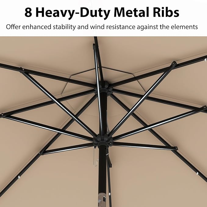 Tangkula 10FT Solar LED Patio Umbrella, 2-Tiers Scalloped Outdoor Table Market Umbrella with 24 LED Lights, Vented Top, Tilt Adjustment, Crank, 8 Ribs for Backyard Poolside Deck Beach Lawn (Coffee)