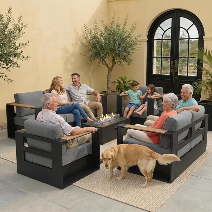 Aluminum Patio Furniture Set, 5 Seats Luxury Seating Furniture with 42" Fire Pit Table, All Weather Outdoor Conversation Sets with 6" Thickened Cushions