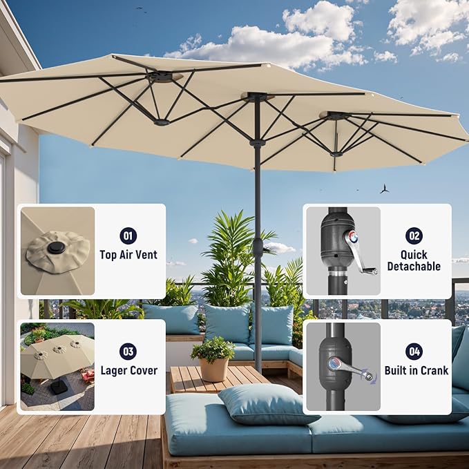 15ft Large Outdoor Patio Umbrella, Double Sided Table Umbrella with Crank, 12 Steel Ribs Market Umbrella