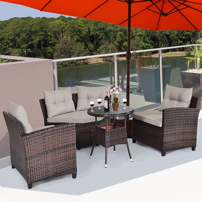HAPPYGRILL 4 Pieces Curved Outdoor Sofa Set Rattan Wicker Patio Furniture Set with Coffee Table & Cushions Modern Conversation Set Curved Sofa Set for Garden Poolside Balcony