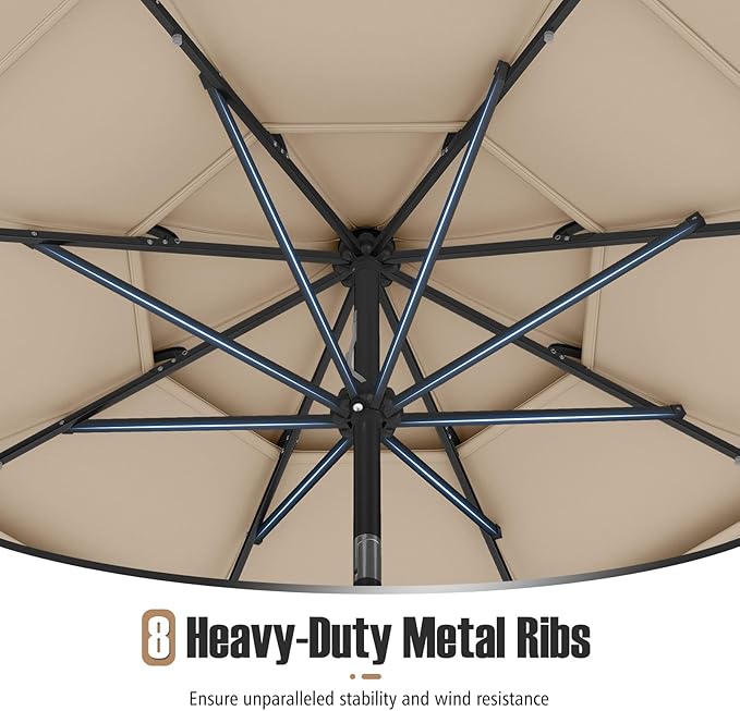 Tangkula 10 FT Solar LED Patio Umbrella, 3-Tier Vented Outdoor Market Table Umbrella with 32 LED Lights, Tilt Adjustment, Crank Handle, 8 Ribs for Backyard Pool Deck (Beige)