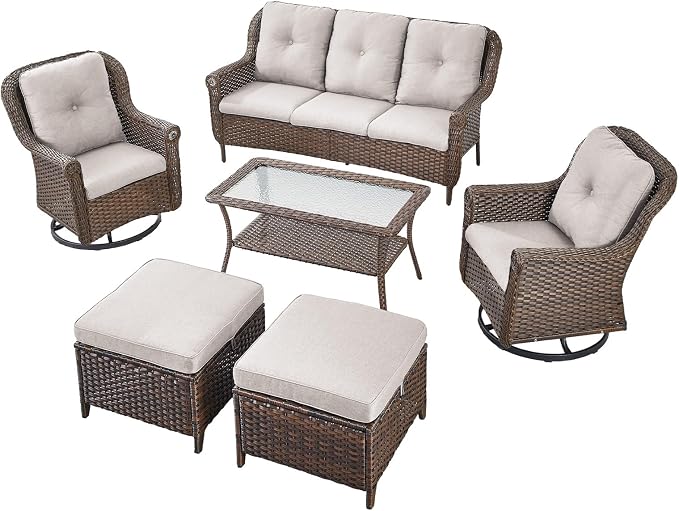 6 Pieces Wicker Patio Conversation Sets-Swivel Patio Chairs with Outdoor Sofa Outdoor Patio Furniture Set for Patio Deck Porch Garden Backyard-Brown/Beige