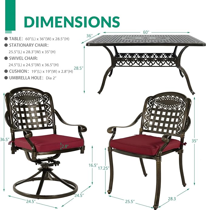 VIVIJASON 7-Piece Patio Furniture Dining Set, Outdoor Cast Aluminum Conversation Set, Include 4 Stationary Chairs, 2 Swivel Dining Chairs and a Rectangle Table with 2" Umbrella Hole, Red Cushion