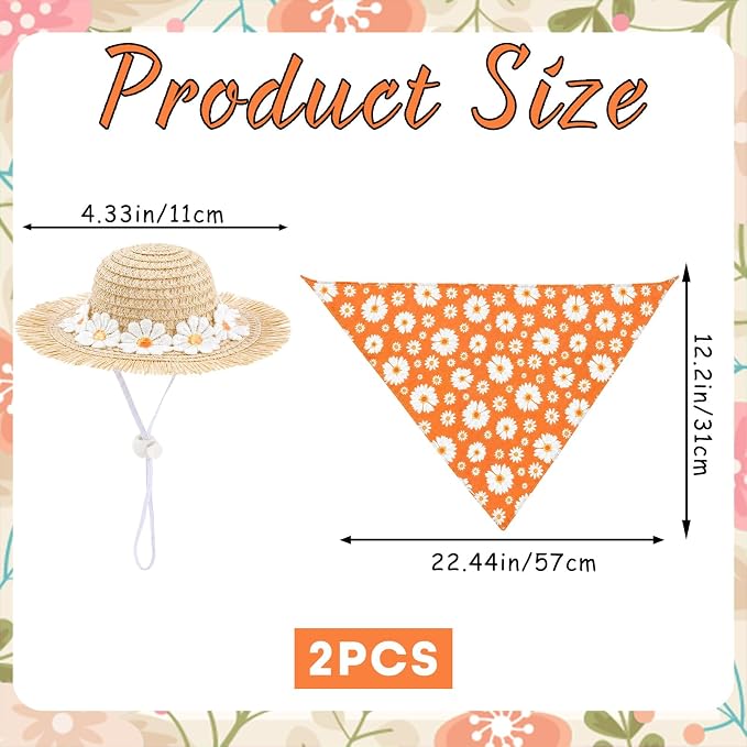Summer Floral Porch Goose Outfit - 2Pcs Cute Orange Daisy Flower Clothes with Straw Hat & Bandana Bib, Garden Lawn Decoration for 23 Inch Cement/Plastic Statue