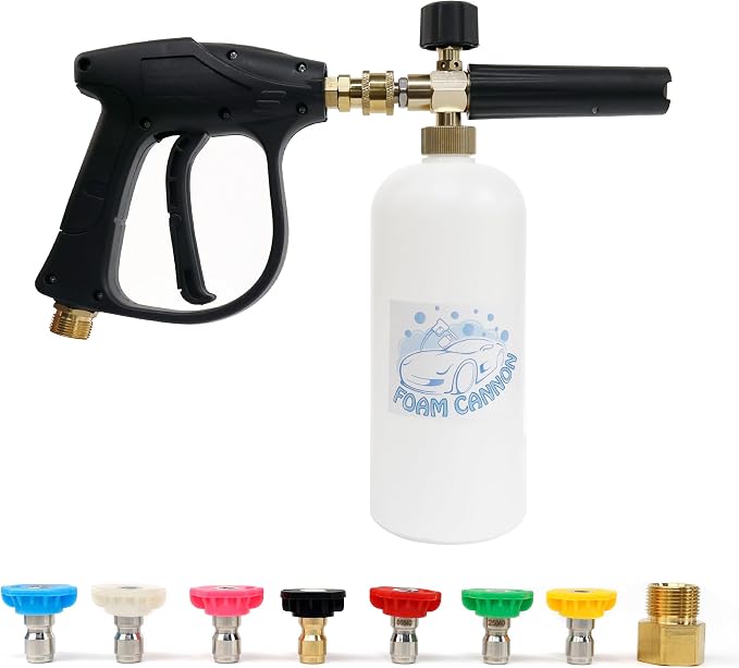 Short Pressure Washer Gun with Foam Cannon, Soap Gun for Pressure Washer, 1/4 Inch Quick Connector, with 7 Nozzle Tips, Container Capacity: 1 Liter