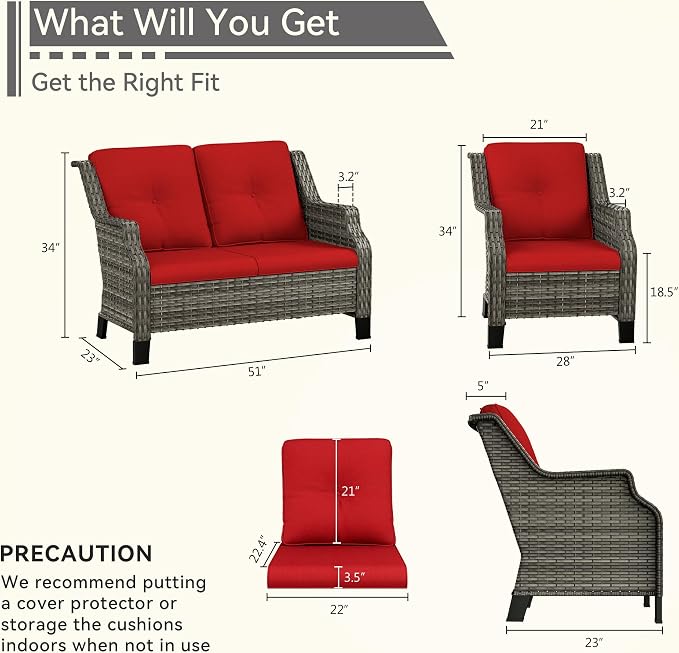 3 Piece Patio Furniture Set, 2-Seater Loveseat and 2 Chairs, Rattan Conversation Set with Deep Seating and Olefin Cushions, for Outdoors, Backyard, Porch, Deck, Garden, Red